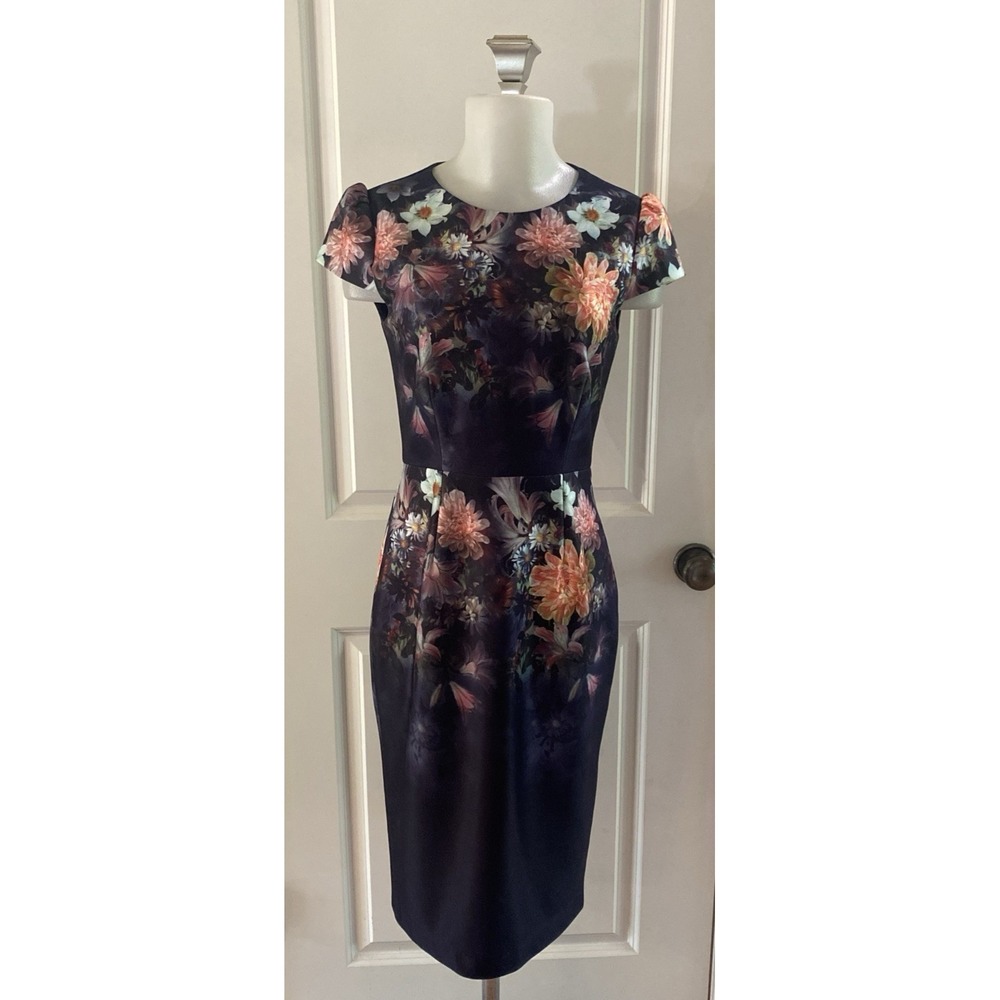 Betsey Johnson Black Floral Pencil Wiggle Short Sleeve Dress Size 2 Pink Purple